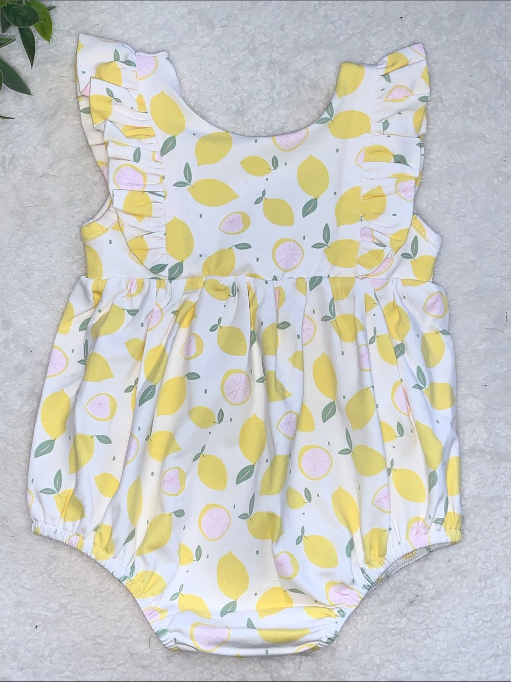 NWT Ollie Jay Lemon Print Ruffle Baby Romper 6-12M Yellow Lemons